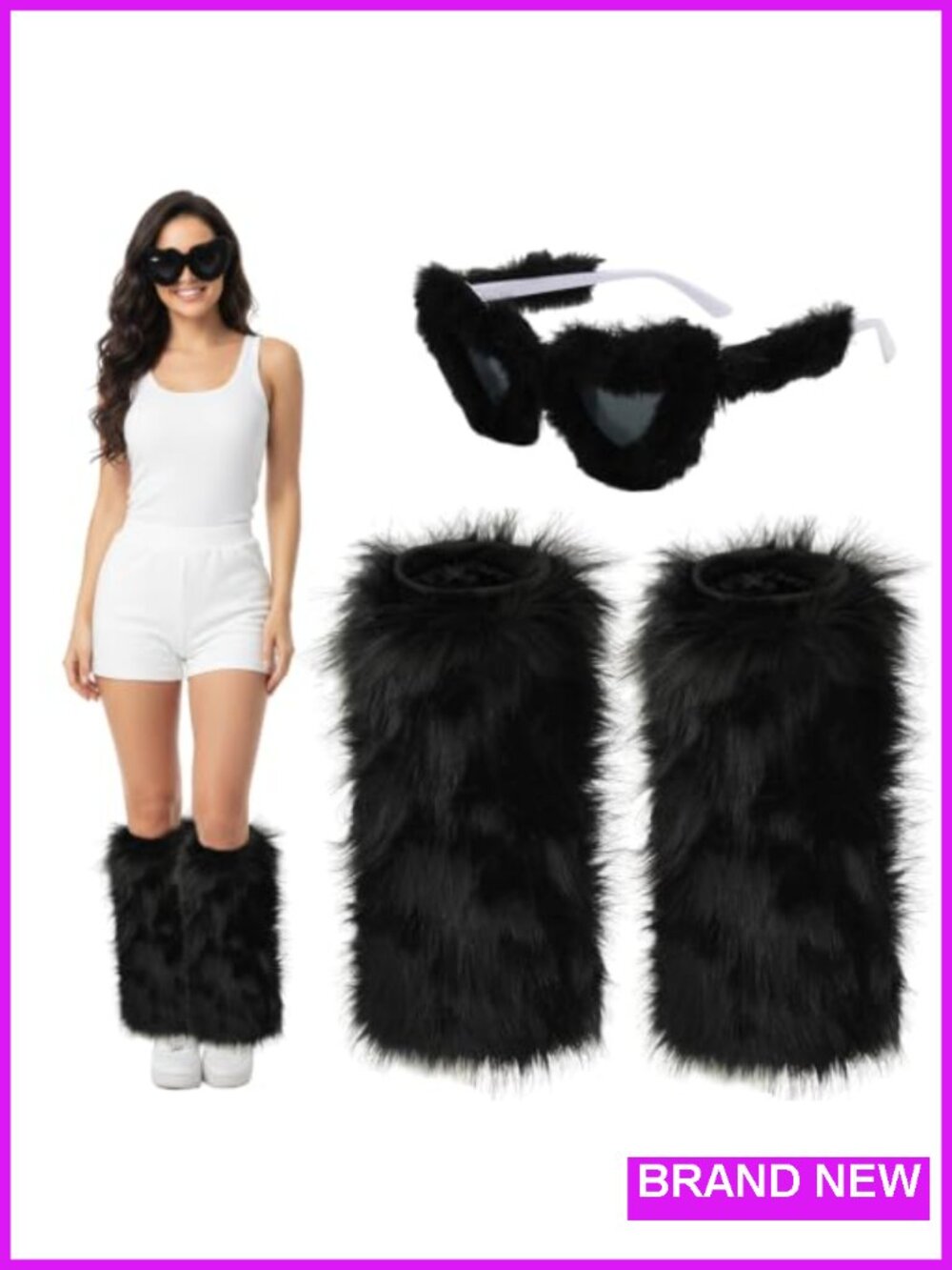 Women Faux Fur Leg Warmers with Fuzzy Sunglasses Set, Fluffy Boot Covers for - Picture 1 of 6